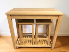 A modern oak veneered single drawer breakfast bar table with undershelf, width 100 cm,