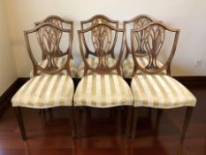 A set of six mahogany shield back dining chairs.