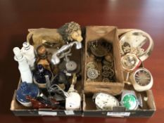 A group of mantel timepieces, a pine crate, horse brasses, figures, decanters, etc.