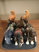 A Melba Ware figure of bison, two shire horse figures,