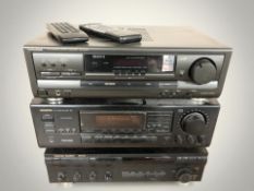 A Technics stereo receiver SA-EX100, an Onkyo tuner amplifier R1,
