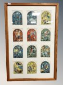 A decorative colour print depicting panels of stained glass, 66 cm x 103 cm.