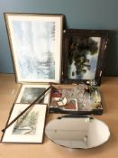 A mixed lot of glass wares, Art Deco mirror, framed pictures and prints, travel timepiece,