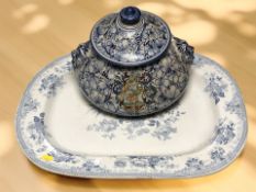 A large blue and white transfer printed Asiatic pheasants pattern meat plate, width 57 cm,