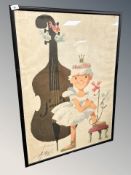 A continental colour print depicting a child by a cello, signed lower left, 66 cm x 94 cm.