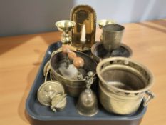 A pair of brass pricket candlesticks, a further candle sconce, brass wares.