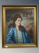 Danish School : A portrait of a lady wearing a blue dress, oil on board, 49 cm x 59 cm.