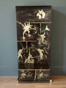 An early 20th century Japanese lacquered and gilt wall panel with three folding shelves,