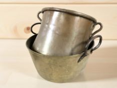 A 19th century brass jam pan with twin steel handles, diameter 32 cm,