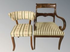 A 19th century continental mahogany armchair and a further chair.