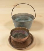 A Victorian brass jam pan, diameter 31 cm, a copper dish and bowl.