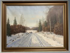 W Dannerfjord : A horse and cart along a snow covered lane, oil on canvas, 93 cm x 66 cm.