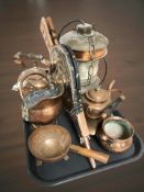 A copper plate ship's lamp, wired for electricity, a group of copper kettles, miniature coal helmet,