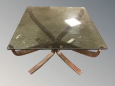 A Norwegian bentwood and smoked glass square coffee table,