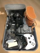 A Pentax Z50P camera and Pentax SF10 camera, with lenses, a pair of Panorama 20x50 binoculars,
