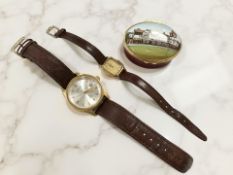 A Halcyon Days enamel pill box numbered 79 of 140, gent's gold-plated Accurist wristwatch,