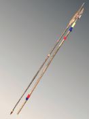 Two decorative wooden spears, longest 182 cm.