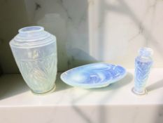 A French Sabino opalescent glass vase, an oyster shell dish and scent bottle with stopper,