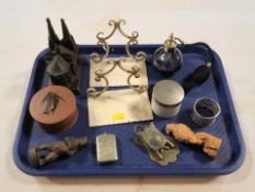 A pair of wrought metal bookends, trinket box in the form of a cathedral,