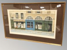 A Danish colour print depicting a parade of shops, colour print, indistinctly signed, 62 cm x 34 cm.