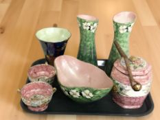A group of Maling lustre ceramics including pair of vases, biscuit barrel, etc.