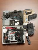 A group of power tools, soldering gun, drill, etc.