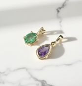 An emerald pendant and a pear-shaped amethyst pendant, set in 9ct gold, longest 17mm.