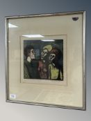 Seppo Mattinen : Study of three figures, hand coloured print, signed, 25 cm x 25 cm.