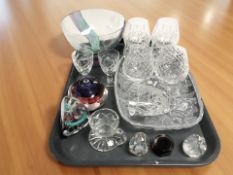 A Caithness glass bowl, etched with thistles, further glass paperweights including Wedgwood,