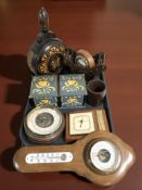 A Scandinavian painted miniature wooden chest, carved wooden bottle with stopper, barometers,