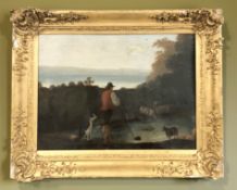 Naive School (Early 19th century) : A man and dog standing before a lake,
