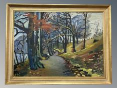 E Olsen : Pathway by a lake, oil on canvas, 90 cm x 65 cm.