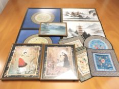 A group of oriental silk panels and other pictures.