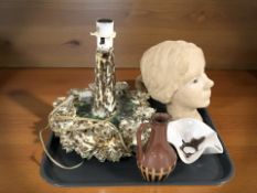 A Scandinavian glazed earthenware lamp base, bust of a lady, a jug and a further bowl.