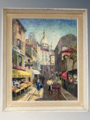 F Sallvig : Figures in a street, oil on canvas, 39 cm x 49 cm.