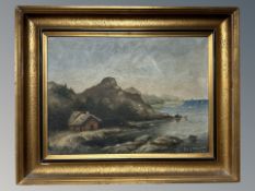 E J Wemdele : Building by a coast, oil on canvas, 41 cm x 30 cm.