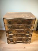 A 20th century burr walnut serpentine five drawer chest, 79 cm x 51 cm x 91 cm.