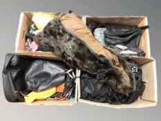 A quantity of leather handbags, shoulder bags, lady's fur jacket, etc.