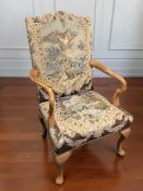 An early 20th century continental open armchair, with tapestry seat,