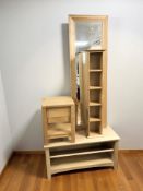 A contemporary oak TV stand, lamp table,