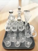 A crystal mallet decanter and stopper, with silver whisky label,