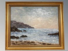 E Helm : Rocks by a coast, oil on canvas, 49 cm x 39 cm.