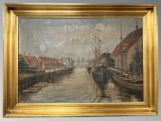 A K Petersen : Study of boats in a canal, oil on canvas, 53 cm x 36 cm.