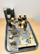 A group of Egyptian figures, large composition cat bookend, etc.