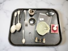 A group of silver plated cutlery, sugar nips, opera specs, two compacts, commemorative coin, .