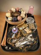 A Victorian papier maché scalloped edge tray, together with assorted cutlery, a silver thimble,