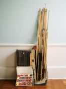 A snooker score board, quantity of cues,