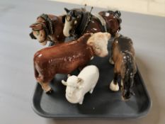A Melba Ware figure of a bull, Beswick shire horse, USSR figure of a ram,