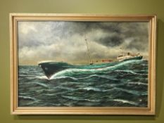 20th century school : The ship Terschelling in rough seas, oil on board,