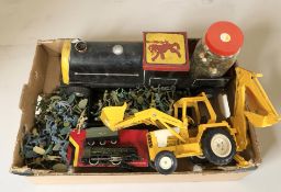 A group of plastic army men figures, tin plate models, locomotives, marbles in jar, etc.